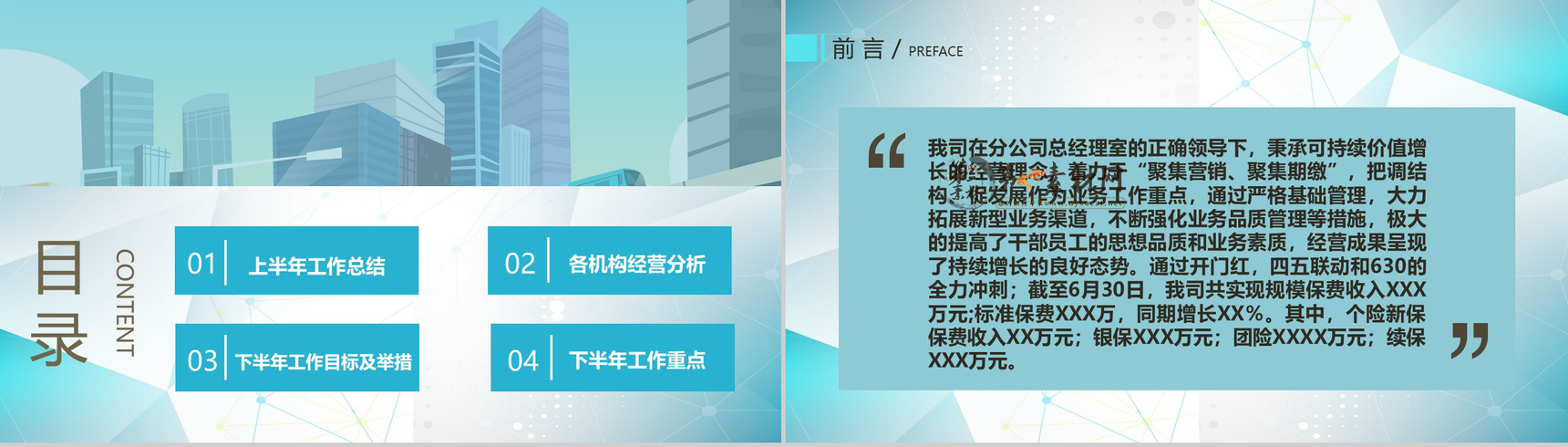 蓝色简约城市背景杭州某保险公司总经理年终述职报告模板-2